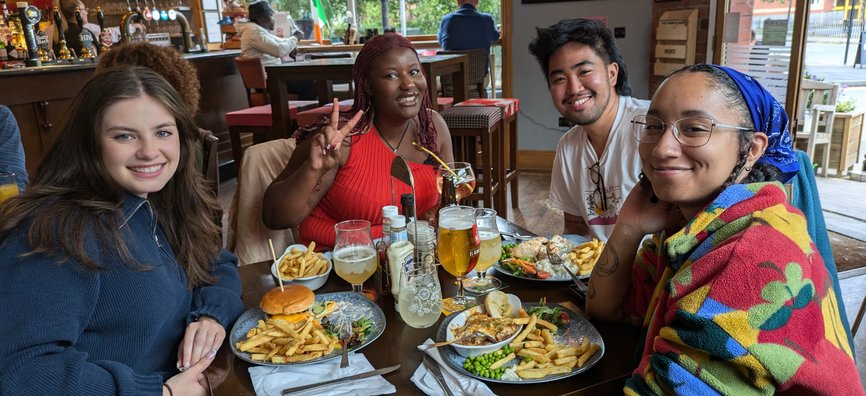 Members of the Involving Young People Collective having a meal during a Blue Spaces site visit.