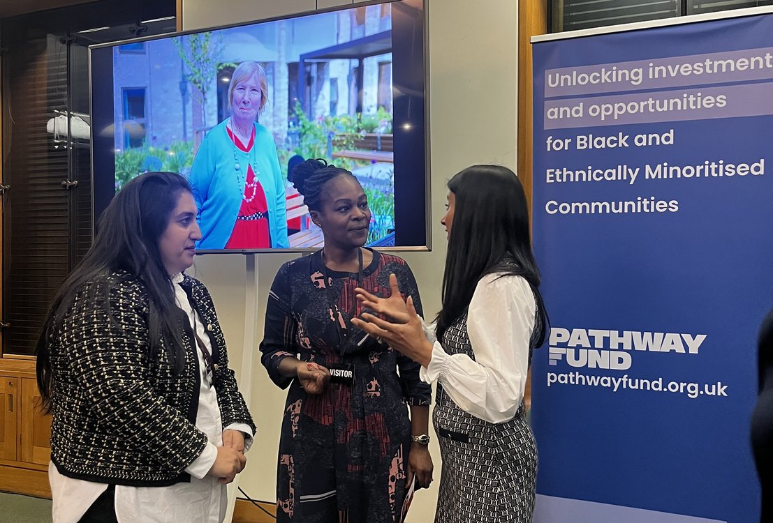 Voice4Change-Pathway Fund Project Director Dilys Winterkorn in conversation with Naz Zaman​​​​ and Nadia Shiraz​​​​ from Lancashire BME Network at a Parliamentary meet and greet event.