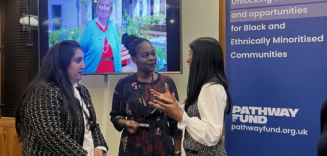 Voice4Change-Pathway Fund Project Director Dilys Winterkorn in conversation with Naz Zaman​​​​ and Nadia Shiraz​​​​ from Lancashire BME Network at a Parliamentary meet and greet event.
