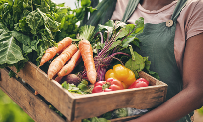 Close up of someone holding a wooden box full of vegetables