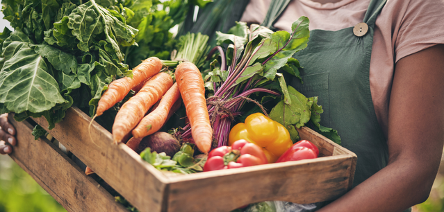 Close up of someone holding a wooden box full of vegetables