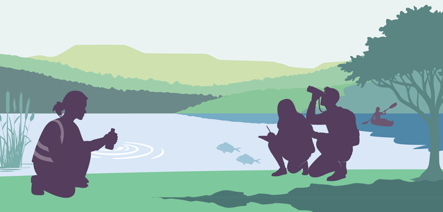 Illustration showing a lake with a few people doing citizen science to monitor the freshwater quality