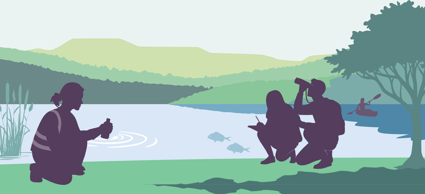 Illustration showing a lake with a few people doing citizen science to monitor the freshwater quality